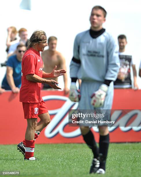 Claudio Caniggia of Wembley FC celebrates scoring the first goal against Langford FC during a Budweiser FA Cup Extra Preliminary Round at Vale Farm...