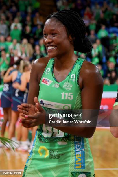 Sunday Aryang of the Fever is all smiles after the win during the Super Netball Semifinal match between Melbourne Vixens and West Coast Fever at RAC...