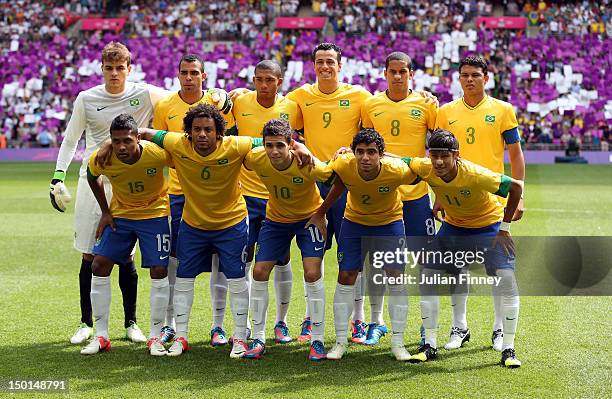 The Brazil team line up to pose for photographs ahead of the Men's Football Final between Brazil and Mexico on Day 15 of the London 2012 Olympic...