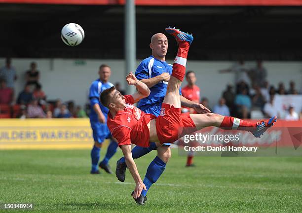 Daryl Atkins of Wembley FC attempts an overhead kick during a Budweiser FA Cup Extra Preliminary Round at Vale Farm Stadium, on August 11, 2012 in...