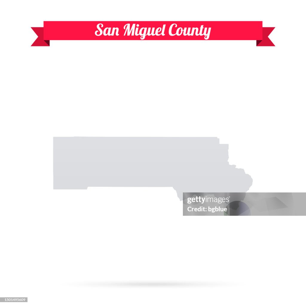 San Miguel County, Colorado. Map on white background with red banner