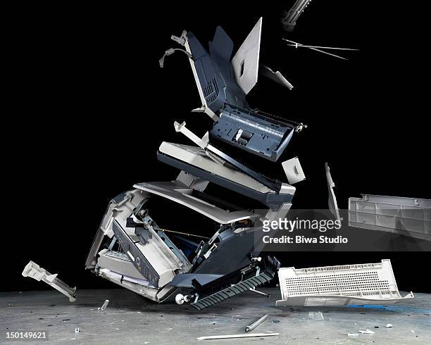 falling and breaking prirnter&fax machine - faxmachine stockfoto's en -beelden