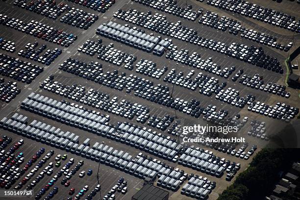 aerial view of car and van sales park - fleet stockfoto's en -beelden