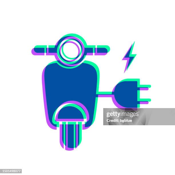 electric scooter motorcycle with plug. icon with two color overlay on white background - electrical wire white background stock illustrations