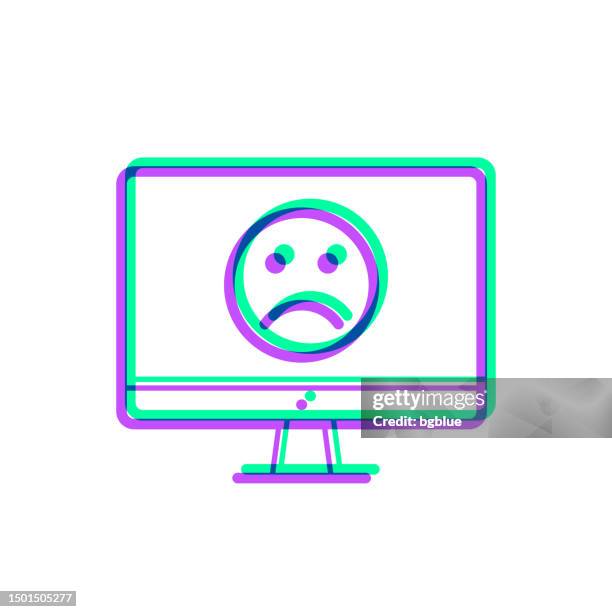 desktop computer with sad emoji. icon with two color overlay on white background - smiling faces collage stock illustrations