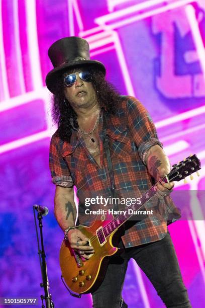 Slash from Guns N' Roses performs on The Pyramid Stage at Day 4 of Glastonbury Festival 2023 on June 24, 2023 in Glastonbury, England.