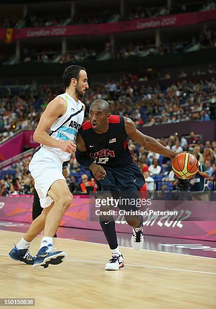 Kobe Bryant of United States handles the ball against Manu Ginobili of Argentina during the Men's Basketball semifinal match on Day 14 of the London...