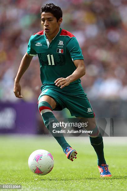 Javier Aquino of Mexico in action during the Men's Football Final between Brazil and Mexico on Day 15 of the London 2012 Olympic Games at Wembley...