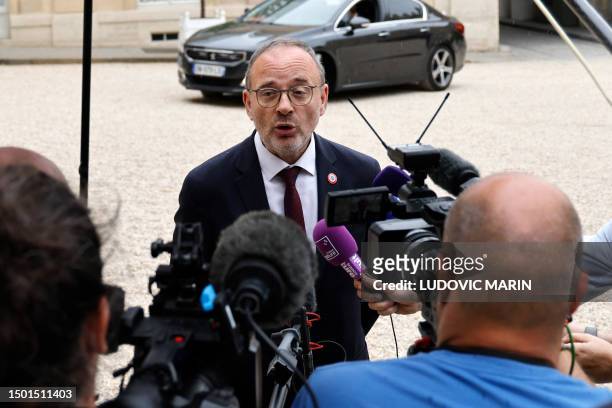 French Mayor of Bourges, Yann Galut speaks to the press as he leaves the presidential Elysee Palace in Paris on July 4 after a meeting between...