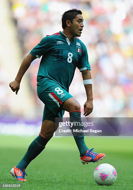 Marco Fabian of Mexico competes during the Men's Football Final between Brazil and Mexico on Day 15 of the London 2012 Olympic Games at Wembley...