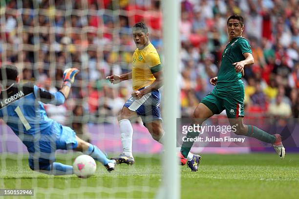 Hulk of Brazil scores their first goal during the Men's Football Final between Brazil and Mexico on Day 15 of the London 2012 Olympic Games at...