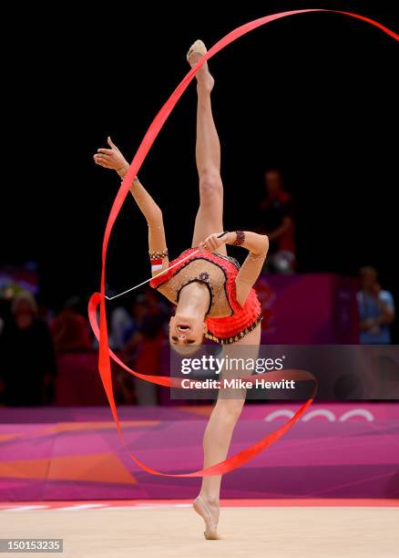 Joanna Mitrosz of Poland competes with the ribbon during the Individual All-Around Rhythmic Gymnastics final on Day 15 of the London 2012 Olympics...