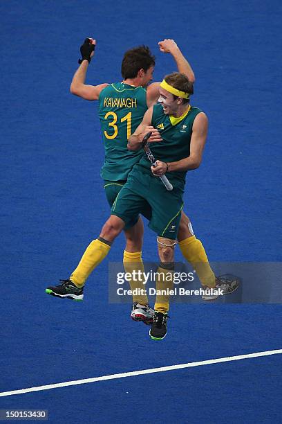 Fergus Kavanagh and Matthew Swann of Australia celebrate their victory after the Men's Hockey bronze medal match on Day 15 of the London 2012 Olympic...