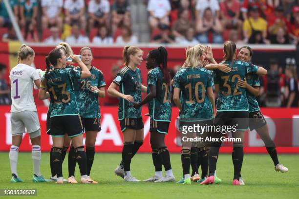 Players of Germany shake hands prior to the Women's international friendly between Germany and Vietnam at Stadion Am Bieberer Berg on June 24, 2023...