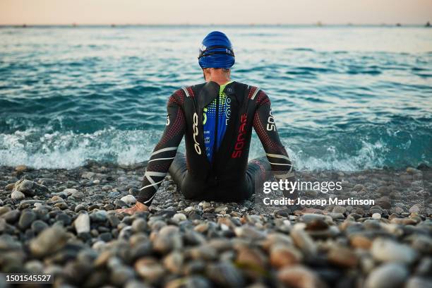 Athletes prepare ahead of the Ironman 70.3 France on June 25, 2023 in Nice, France.