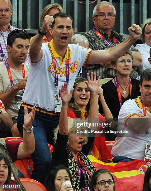 Prince Felipe and Crown Princess Letizia of Spain celebrate during the Women's Handball Bronze medal match between Spain and Korea on Day 15 of the...