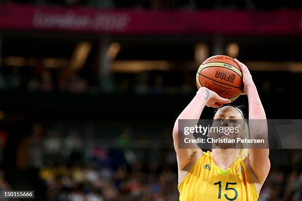 Lauren Jackson of Australia attempts a free throw in the first half against Russia during the Women's Basketball Bronze Medal game on Day 15 of the...