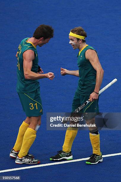 Fergus Kavanagh and Matthew Swann of Australia celebrate their victory after the Men's Hockey bronze medal match on Day 15 of the London 2012 Olympic...