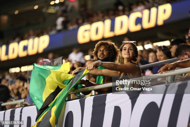 Fans of Jamaica waves a flag of Jamaica during the Group A match between United States and Jamaica as part of the 2023 CONCACAF Gold Cup at Soldier...