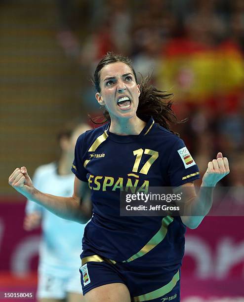 Elisabeth Pinedo Saenz of Spain celebrates after a point against South Korea during the Women's Handball Bronze Medal Match on Day 15 of the London...