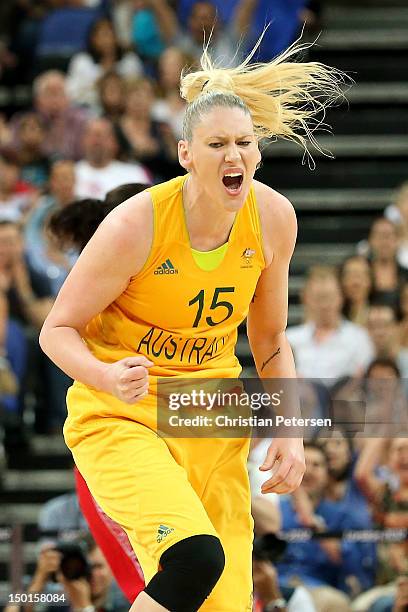 Lauren Jackson of Australia celebrates in the second half against Russia during the Women's Basketball Bronze Medal game on Day 15 of the London 2012...