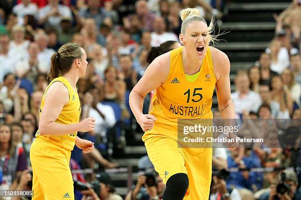 Lauren Jackson of Australia celebrates in the second half against Russia during the Women's Basketball Bronze Medal game on Day 15 of the London 2012...