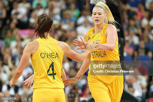 Lauren Jackson and Jenna O'Hea of Australia celebrate in the second half against Russia during the Women's Basketball Bronze Medal game on Day 15 of...
