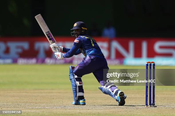 Dhananjaya de Silva of Sri Lanka hits a four during the ICC Men's Cricket World Cup Qualifier Zimbabwe 2023 match between the Sri Lanka and Ireland...