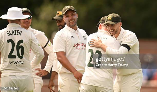 Joe Clarke and Tom Moores of Nottinghamshire celebrates the wicket of Tom Lammonby of Somerset during Day One of the LV= Insurance County...