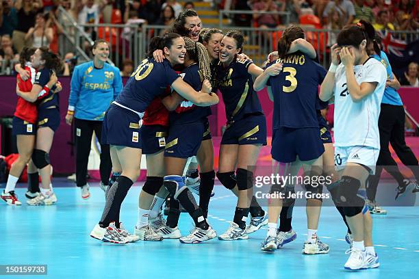 Spain celebrates after defeating South Korea in the Women's Handball Bronze Medal Match on Day 15 of the London 2012 Olympics Games at Basketball...