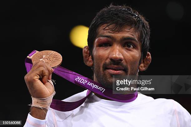Bronze medalist Yogeshwar Dutt of India in the Men's Freestyle 60 kg Wrestling on Day 15 of the London 2012 Olympic Games at ExCeL on August 11, 2012...