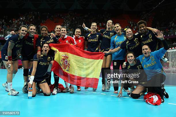 Spain celebrates after defeating South Korea in the Women's Handball Bronze Medal Match on Day 15 of the London 2012 Olympics Games at Basketball...