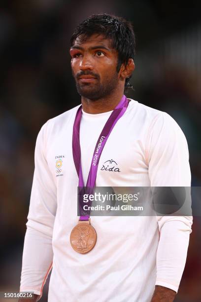Bronze medalist Yogeshwar Dutt of India in the Men's Freestyle 60 kg Wrestling on Day 15 of the London 2012 Olympic Games at ExCeL on August 11, 2012...