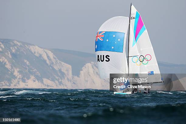 Olivia Price, Nina Curtis and Lucinda Whitty of Australia compete on their way to winning the silver medal in the Women's Elliott 6m WMR Sailing on...