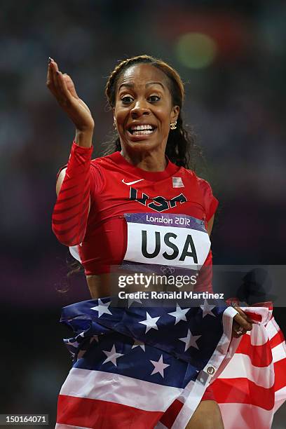 Sanya Richards-Ross of the United States celebrates after winning gold in the Women's 4 x 400m Relay Final on Day 15 of the London 2012 Olympic Games...