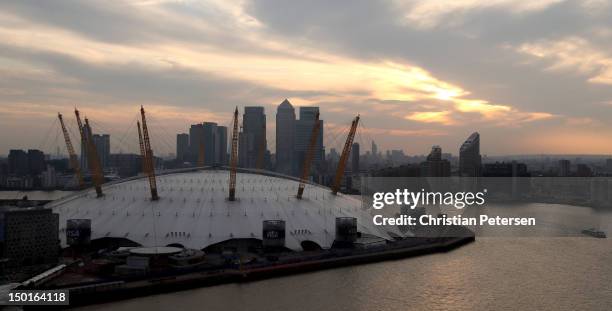 General exterior view of the North Greenwich Arena as seen from the Emirates Air Line prior to the Women's Basketball Gold Medal game on Day 15 of...