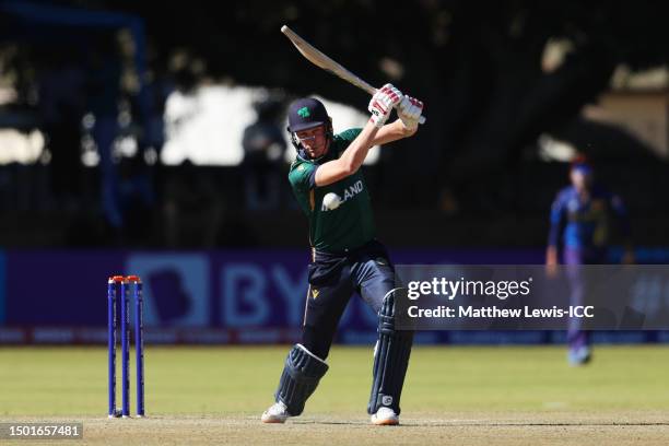 Harry Tector of Ireland hits a four during the ICC Men's Cricket World Cup Qualifier Zimbabwe 2023 match between the Sri Lanka and Ireland at Queen’s...