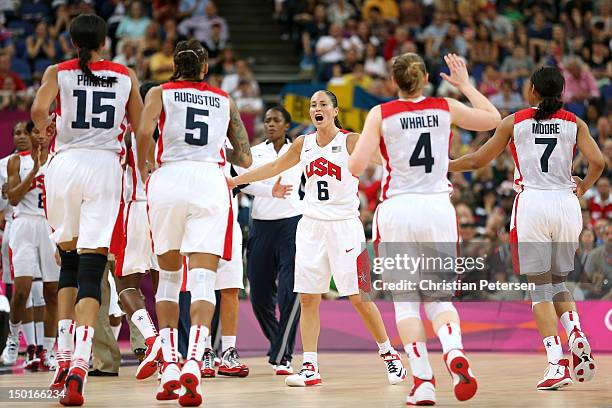 Sue Bird of United States celebrates after a basket in the second half against France during the Women's Basketball Gold Medal game on Day 15 of the...