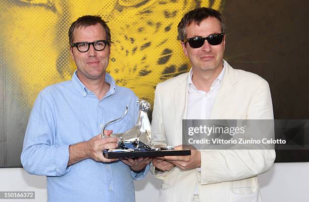 Bob Byington and Olivier Pere pose with the Cities of Ascona and Losone award during the 65th Locarno Film Festival on August 11, 2012 in Locarno,...