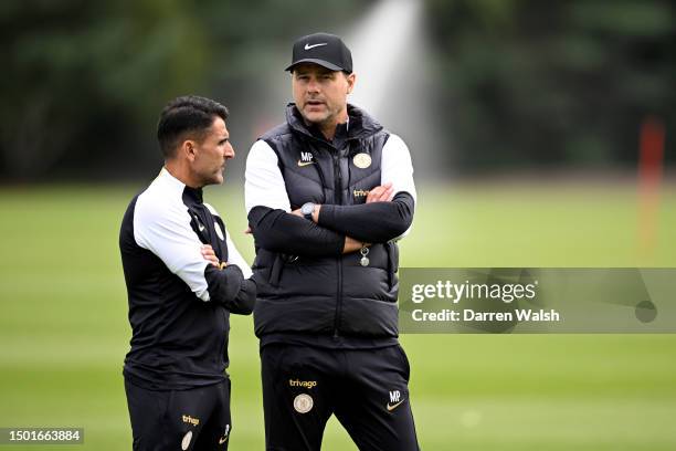 Assistant Head Coach Jesus Perez and Head Coach Mauricio Pochettino of Chelsea during a training session at Chelsea Training Ground on July 4, 2023...