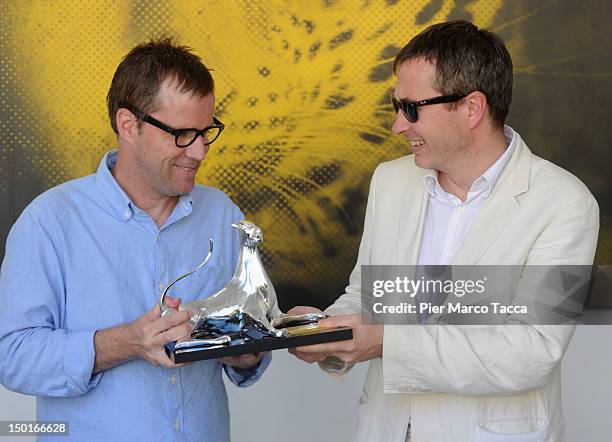Director Bob Byington and Olivier Pere pose with the Special Prize from the cities of Ascona and Losone award during the 65th Locarno Film Festival...