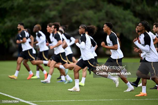 Andrey Santos and Bashir Humphreys of Chelsea during a training session at Chelsea Training Ground on July 4, 2023 in Cobham, England.