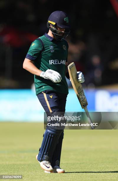 Andrew Balbirnie of Ireland looks dejected while walking off the field after being dismissed by Wanindu Hasaranga of Sri Lanka during the ICC Men's...