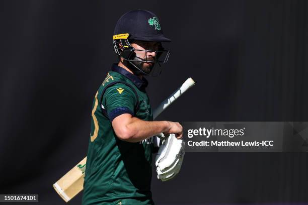 Andrew Balbirnie of Ireland looks dejected while walking off the field after being dismissed by Wanindu Hasaranga of Sri Lanka during the ICC Men's...