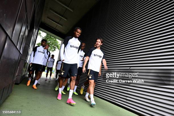 Carney Chukwuemeka and Ben Chilwell of Chelsea during a training session at Chelsea Training Ground on July 4, 2023 in Cobham, England.