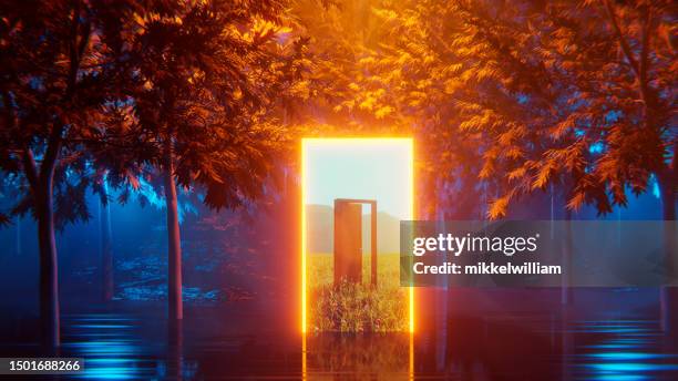 glowing door is a portal to another world - fantasy door stock pictures, royalty-free photos & images