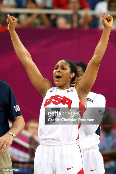 Maya Moore of United States reacts late in the fourth quarter while taking on France during the Women's Basketball Gold Medal game on Day 15 of the...