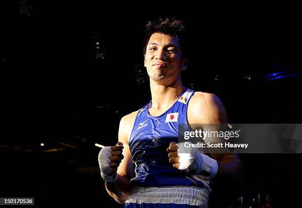 Ryota Murata of Japan celebrates defeating Esquiva Falcao Florentino of Brazil to win the Men's Middle Boxing final bout on Day 15 of the London 2012...