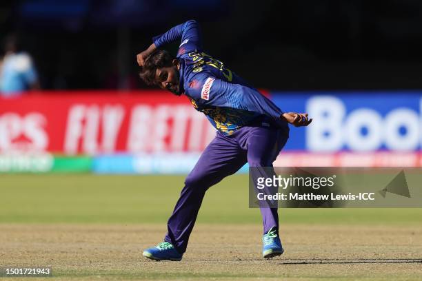 Wanindu Hasaranga of Sri Lanka celebrates after bowling Gareth Delany of Ireland during the ICC Men's Cricket World Cup Qualifier Zimbabwe 2023 match...