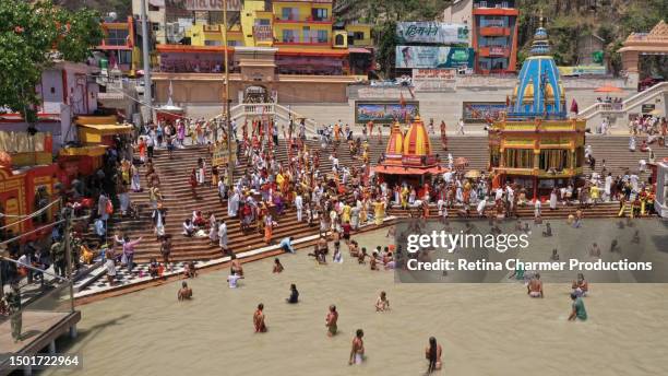 kumbh mela / kumbh fair hindu festival drone photo at har ki pauri ghat in haridwar, uttarakhand, india - allahabad city stock pictures, royalty-free photos & images